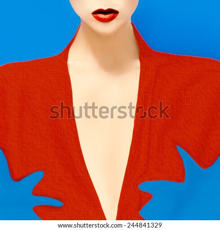 Sensual fashion girl on blue background. Red lips Trend