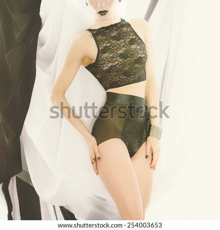 Sensual lady in beautiful underwear. Lace, black color, feelings, luxury style