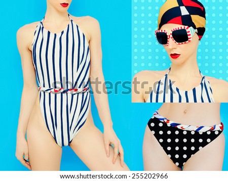 Summer Set. Marine style Swimsuit. Summer fashion ?ccessories. Scarf and Glasses. Fashionable mix prints.