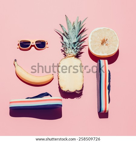 Summer beach set. Fashion Accessories and Fruits. Vanilla style.