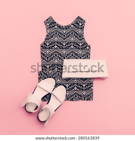 Lady clothing set. Dress and Shoes. Trendy geometric prints.