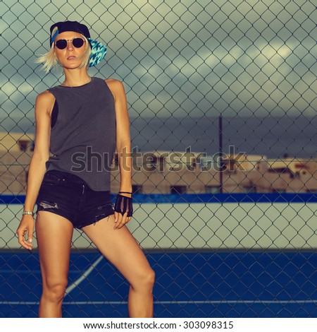 Sexy Girl on the Football field Fashion Urban Style