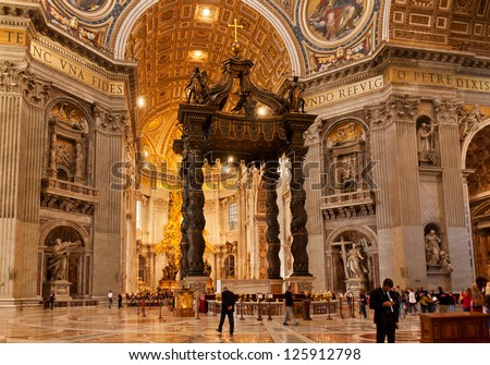 VATICAN - OCTOBER 18 : Indoor St. Peter\'s Basilica on October 18, 2012 in Rome, Italy. St. Peter\'s Basilica until recently was considered largest Christian church in world