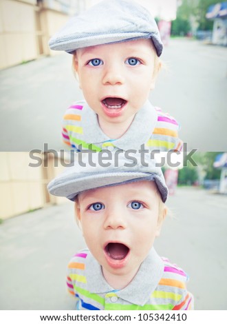 Baby boy  face collage diptych with open mouth and hat