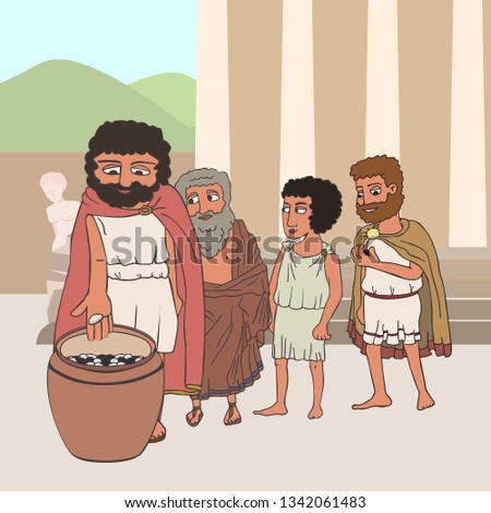 male citizens voting in ancient greece by placing pebbles in urn, funny cartoon vector illustration of democracy origins