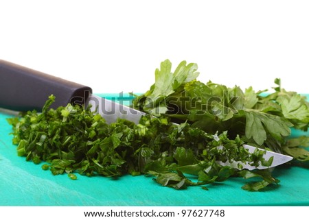 Twig of parsley and kitchen knife nature food texture background