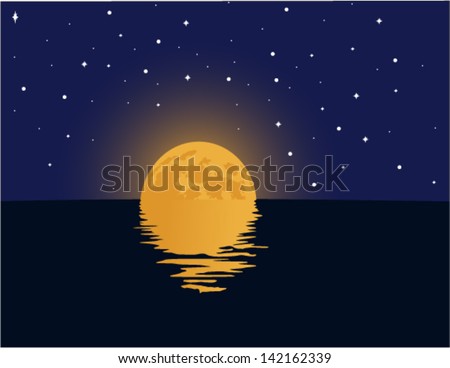 Vector moon over cold night sea with reflection and stars