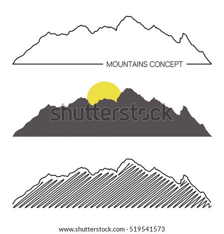 Set of mountain ridges on white background. Different variants of silhouette. Vector Illustration for design. Outdoor and travel concept.