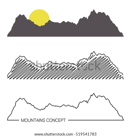 Set of mountain ridges on white background. Different variants of silhouette. Vector Illustration for design. Outdoor and travel concept.
