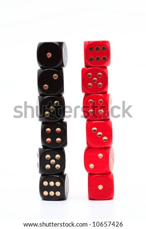 two piles of dices showing one to six eyes