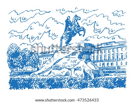 Statue of Peter the Great (Bronze Horseman) in Saint Petersburg, Russia. Sketch by hand. Vector illustration.