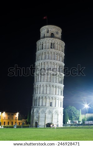 PISA, ITALY - OCTOBER 7, 2011: The Leaning Tower of Pisa construction began in 1173 and it started to sink due to a foundation set in weak, unstable subsoil. Photo taken in Pisa on October 7, 2011.