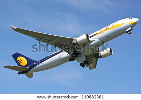 BRUSSELS - MAY 25: An Airbus A330-200 approaching Brussels Airport in Brussels, Belgium on May 25, 2012. Jet Airways is the second largest Indian airline based in Mumbai.
