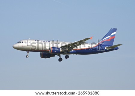 BRUSSELS - APRIL 2: Airbus A320-200 of Aeroflot approaching Brussels Airport in Brussels, BELGIUM on APRIL 2, 2015. Aeroflot s the flag carrier and largest airline of the Russian Federation.
