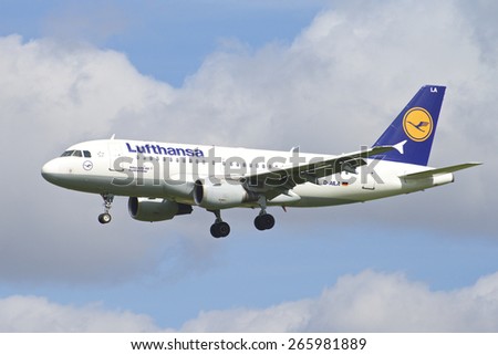 BRUSSELS - APRIL 2: Airbus A319-300 of Lufthansa approaching Brussels Airport in Brussels, BELGIUM on APRIL 2, 2015. Lufthansa is a German airline and also the largest airline in Europe.