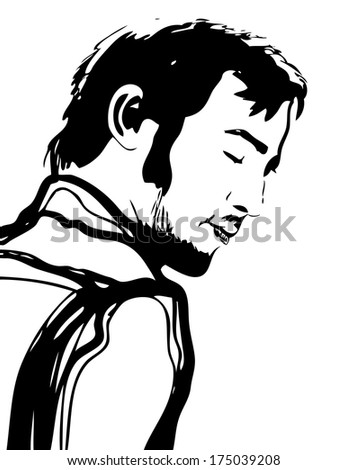 Portrait of a Man with eyes closed. Hippie style, freedom, dream. Freehand drawing black lines on a white background, sketch. Face in profile, a man with a beard, mustache and sideburns