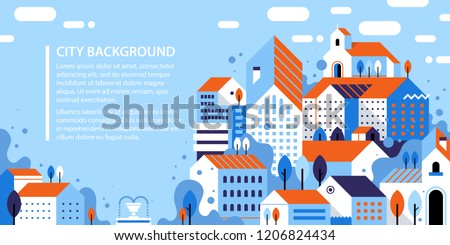 Banner design template with vector illustration of city landscape. Flat geometric style. Buildings, houses, trees and abstract elements.