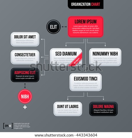 Modern business organization chart template with black, red and white rectangles on gray background. Neutral corporate style.