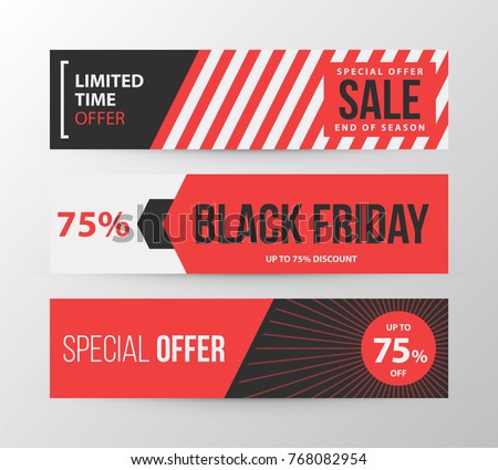 Three horizontal Black Friday banners in retro black and red style on gray background