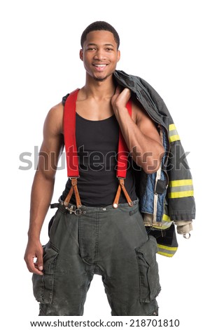African American Firefighter Off Duty Standing portrait isolated on white Background