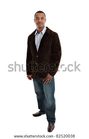 Natural Looking Smiling Young African American Male Model on Isolated Background Full Body Length Standing
