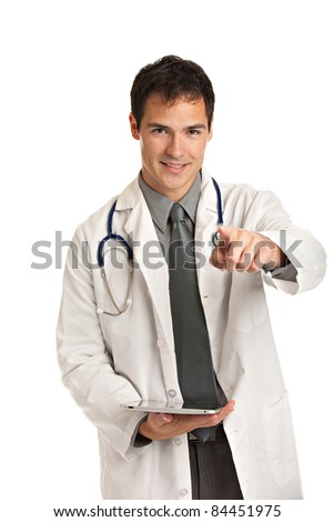 Friendly Young Doctor Holding a Touch Pad Tablet PC on Isolated White Background
