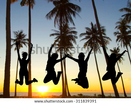 Jumping over Sunset Friends Silhouettes