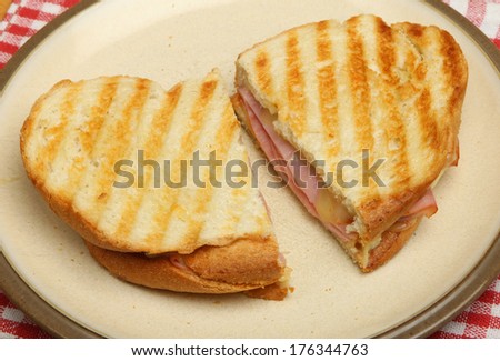 Toasted sandwich with cheese and ham.