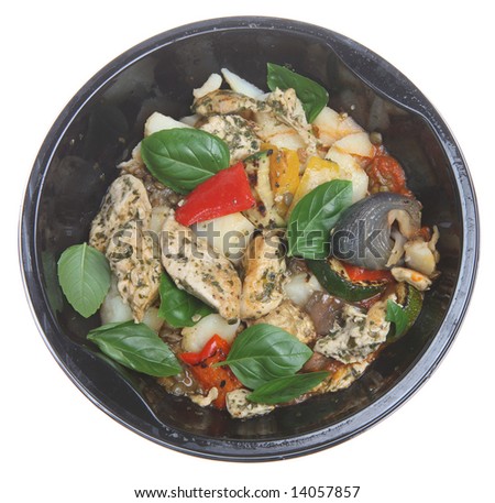 Ready-meal of Lemon Chicken with Basil in a plastic microwave container