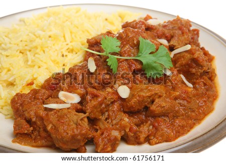Indian Rogan Josh lamb curry with pilau rice.