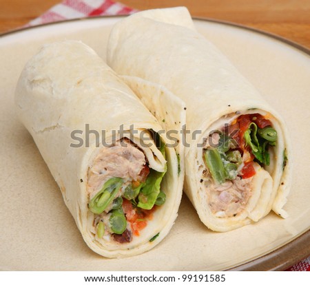 Tuna fish and salad wrap sandwich.