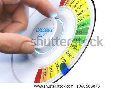 Man turning a calorie knob to reduce daily intake level. Composite image between a hand photography and a 3D background. Foto stock © 