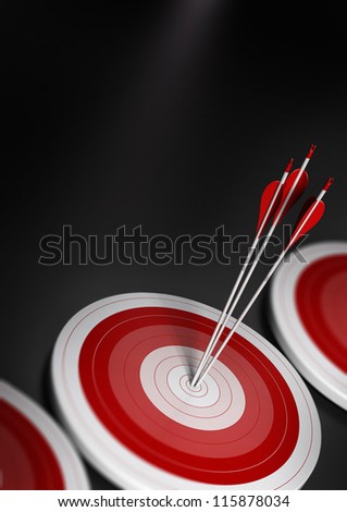many blue targets and three arrows reaching the center of the first one, image with blur effect, A4 vertical format.  Target market, strategic marketing or business competitive advantage concept.