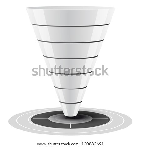 Conversion or sales funnel easily customizable, from 1 to 7 levels plus on target, vector graphics. white and grey tones.
