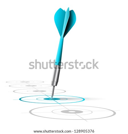 One dart hitting the center of a blue target in a row, vector image over white background