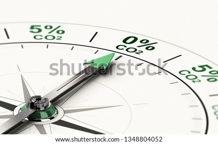 3D illustration of conceptual compass with needle pointing 0 percent of CO2. Concept of decarbonization 