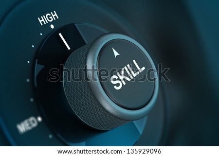 Word skill written on a button pointing on the word high 3D render over blue and black background