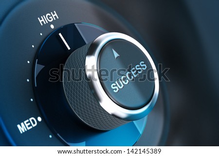 Rotating button with the word success, arrow pointing to the high. 3D render, concept image for motivation
