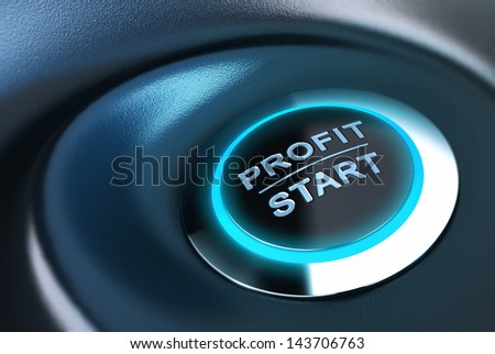 Profit button with blue light. 3D render over blue and black background suitable for capital management solution concept.