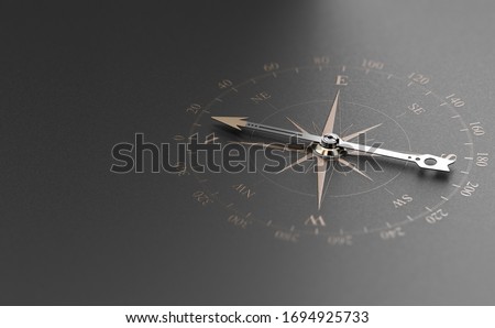 Golden compass over modern black background. Concept of business guidance or orientation, 3D illustration. Stockfoto © 