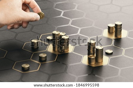 Human hand stacking coins over a black background with hexagonal golden shapes. Concept of investment management and portfolio diversification. Composite image between a hand photography and a 3D back Foto stock © 