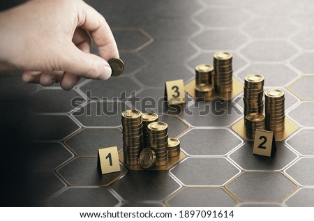 Human hand stacking coins over black background with hexagonal golden shapes. Concept of angel investor and investing in startup companies. Composite image between a hand photography and a 3D backgrou Foto d'archivio © 