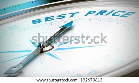 Compass with needle pointing the word best price. Conceptual 3D render image with depth of field blur effect for illustration of prices comparison.