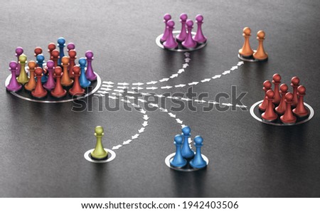 3D illustration of many pawns segmented in different categories over black background. concept of customer segmentation.