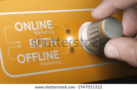 Man using a rotary knob to switch strategies and to select both online and offline marketing channels. Composite image between a hand photography and a 3D background. Stock foto © 
