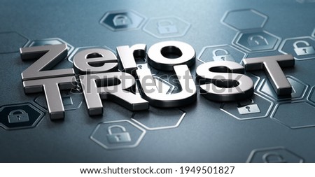 3D illustration of the text zero trust over black background with padlock shapes in relief. Concept of network security. Foto stock © 