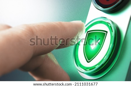 Finger pressing shield button to enable firewall. Composite image between a hand photography and a 3D background. Stock foto © 