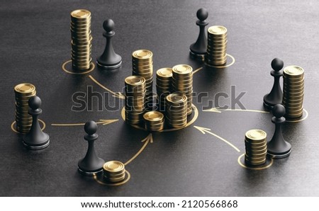 Concept of Funding, Financing Business Project. 3D illustration of generic golden coins and pawns over black background. Stockfoto © 