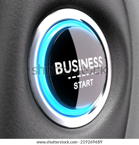 Blue Push button with the phrase business start. Concept image to illustrate new business