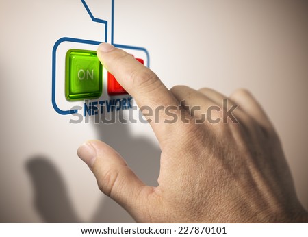 One finger pressing on button. Concept of networking or network activation